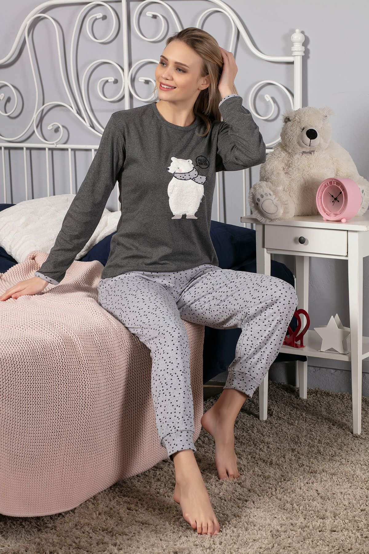 Strawberry Kadın Antrasit Pamuklu Uzun Kollu İnterlok Pijama Takım