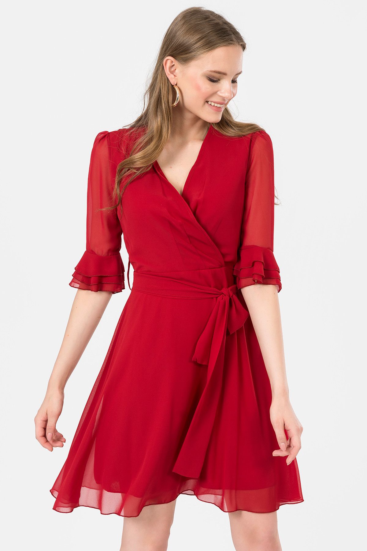 İroni Kadın Kırmızı İspanyol Kol Şifon Abiye Elbise 5042-308