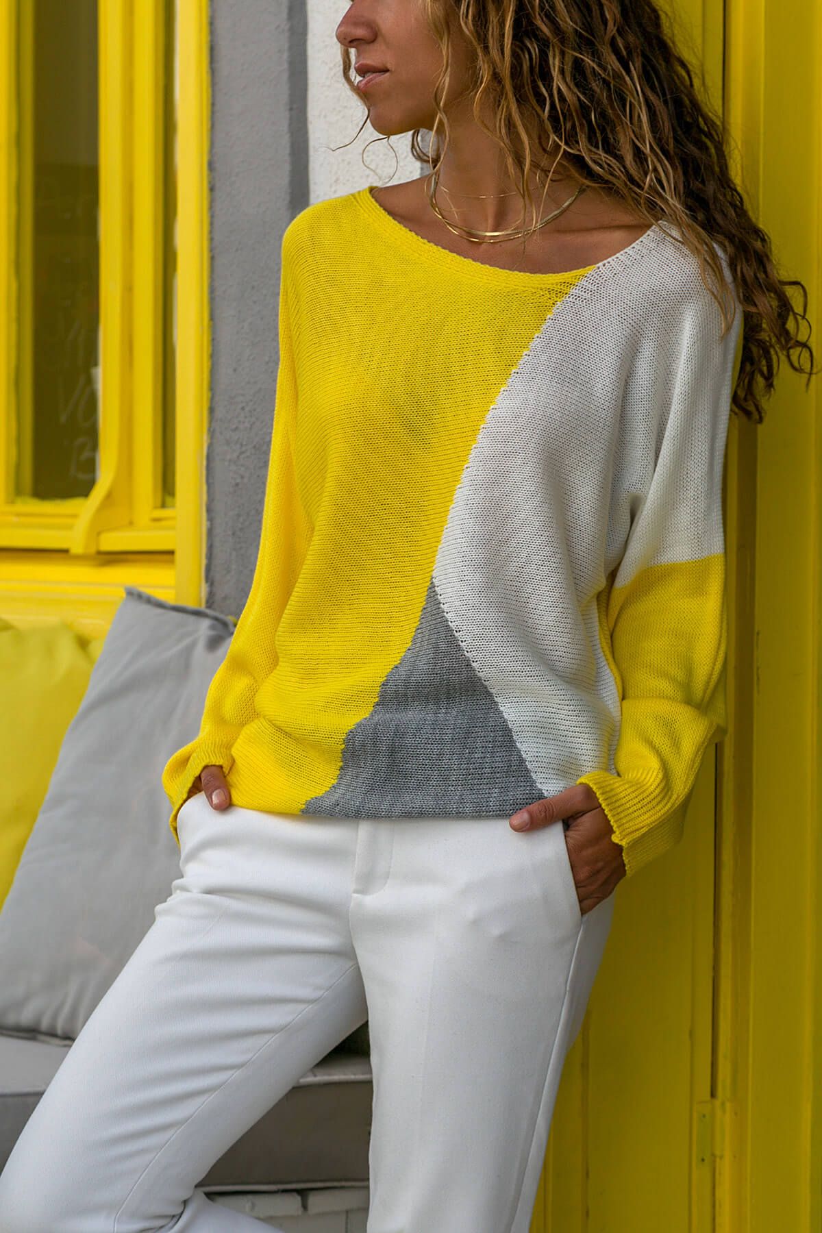 Trend Alaçatı Stili Kadın Sarı 3 Bloklu Triko Bluz ALC-5025