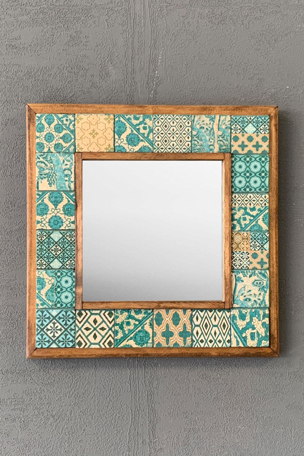 Oscar Stone Decor Masif Çerçeveli Mozaik Taş Ayna 33 Cm X 33 Cm (morocco-etnik-green-brown Desen)