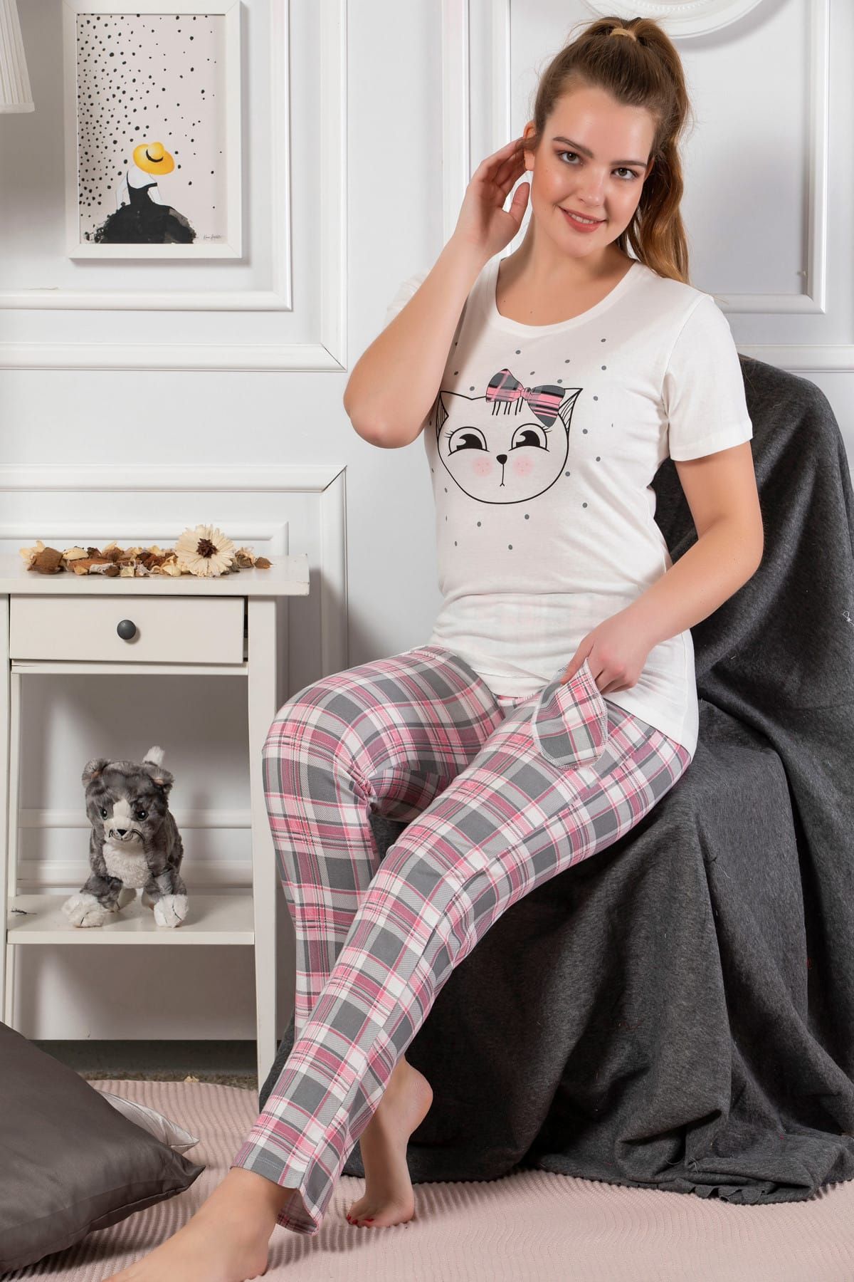 Strawberry Kadın Ekru Pamuklu Baskılı Kısa Kol Pijama Takım