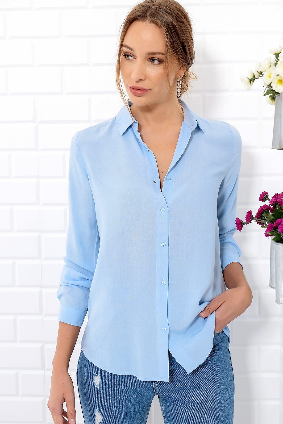 Trend Alaçatı Stili Kadın Mavi Basıc Gömlek DNZ-2092-Y