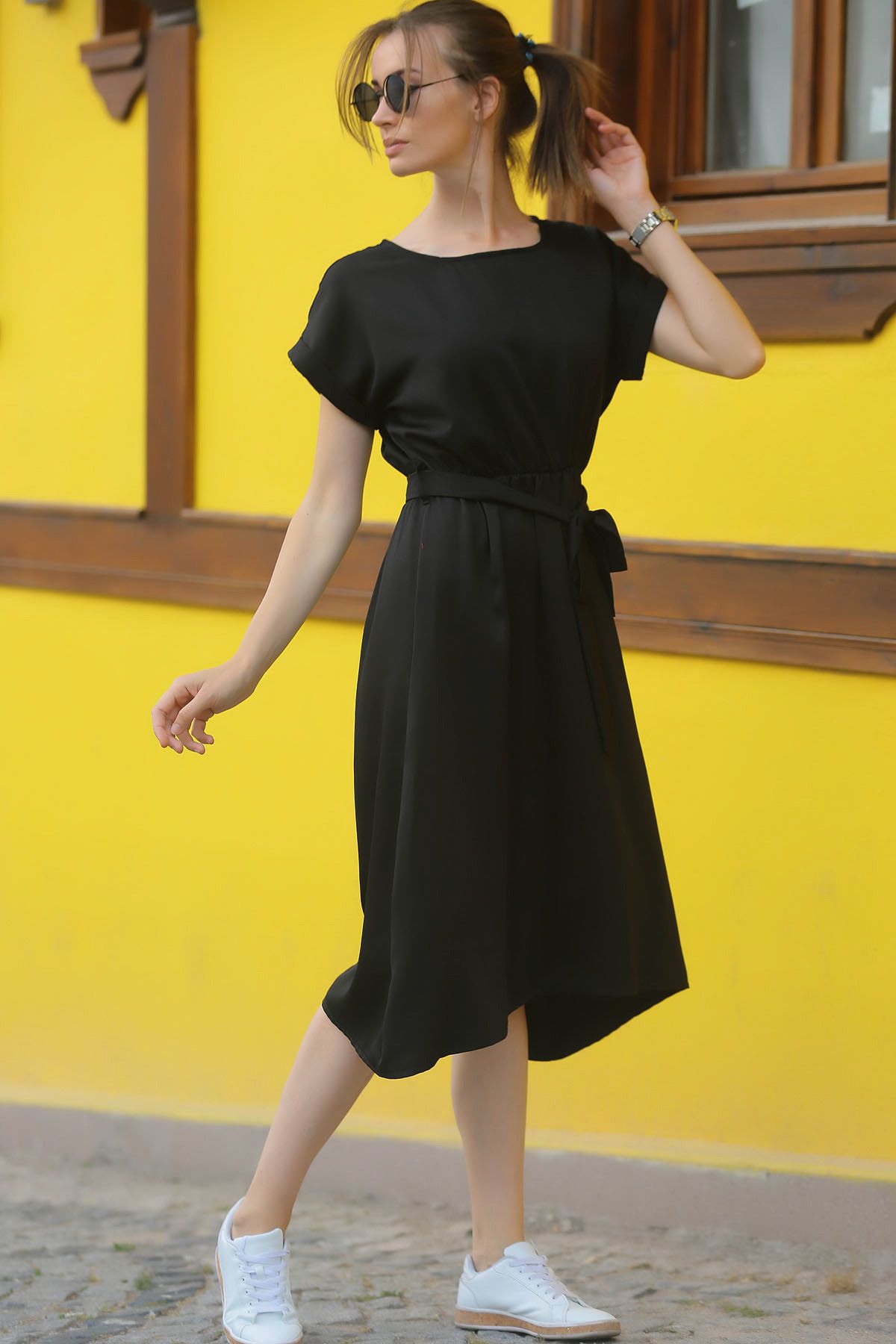 armonika Kadın Siyah Beli Lastikli Bağlamalı Elbise ARM-18Y001133