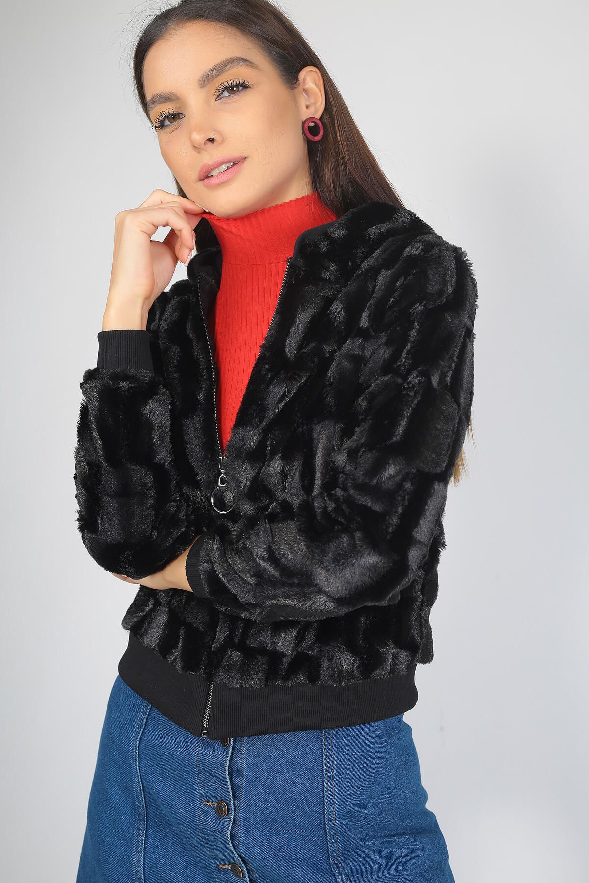 By Saygı Kadın Siyah Kapüşonlu Peluş Ceket S-19K1820003