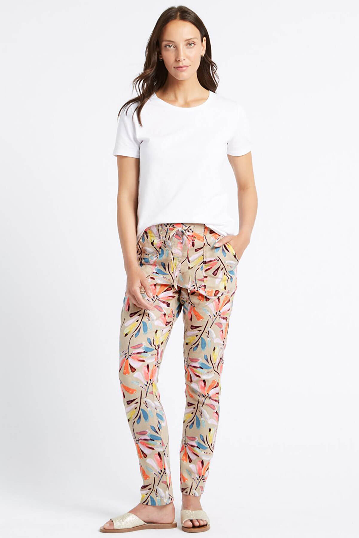 Marks & Spencer Kadın Multi Renk Desenli Keten Pantolon T57007010M