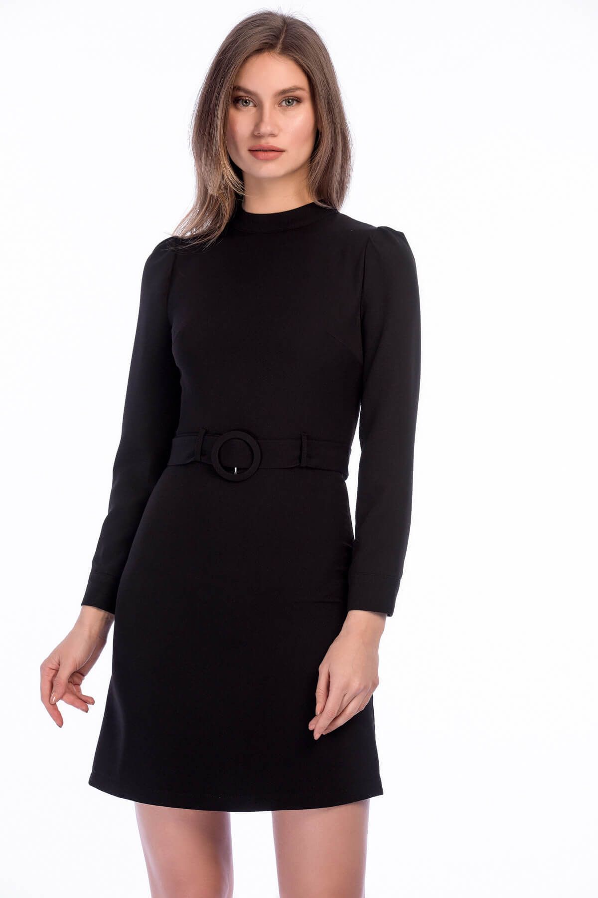 İroni Kadın Siyah Kemerli Mini Elbise 5222-891