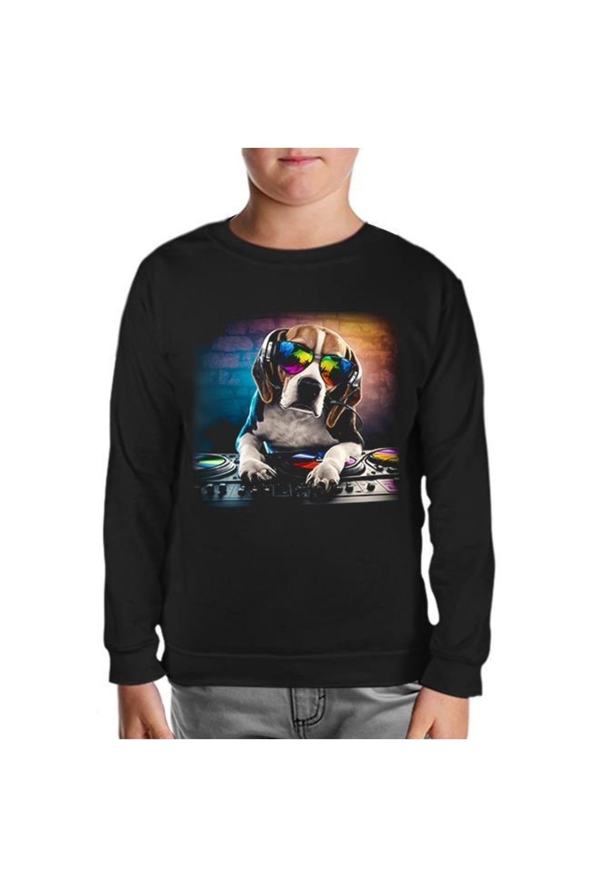 Lord T-Shirt Dj Dog With Headphone Playing The Board Siyah Çocuk Sweatshirt