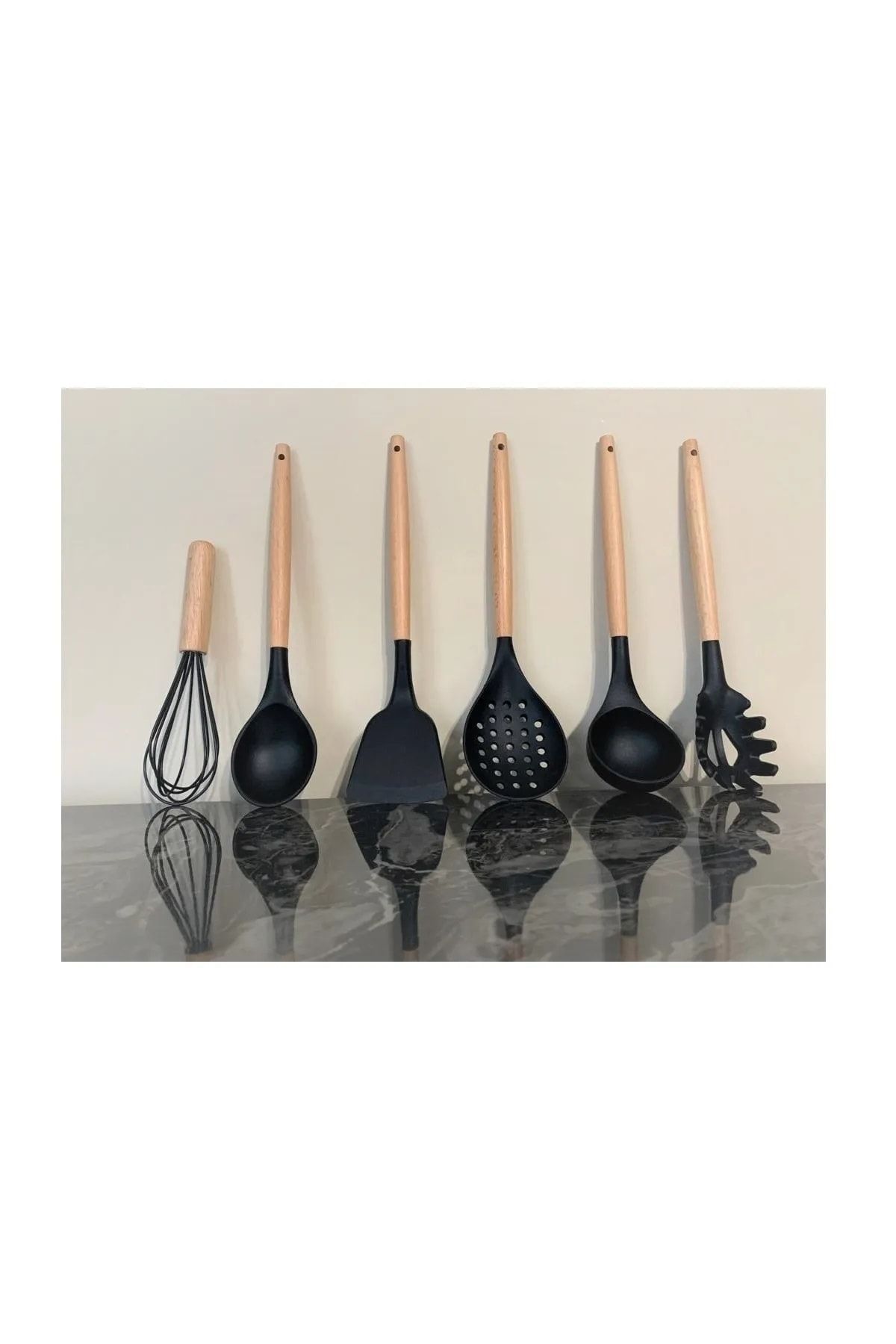morponi Bambu Saplı Silikon 6 Parça Servis Seti Siyah(kepçe-kaşık-kevgir-spatula-makarna-çırpıcı)