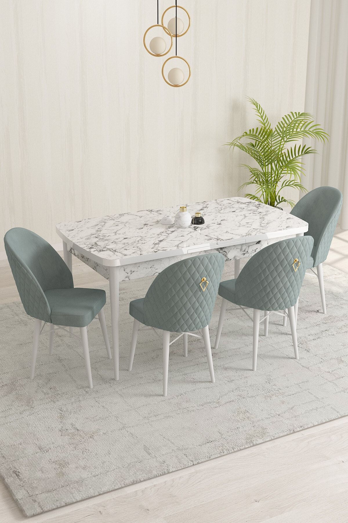 Rovena Marsilya Beyaz Mermer Desen 80x132 Mdf Açılabilir Mutfak Masası Takımı 4 Adet Sandalye