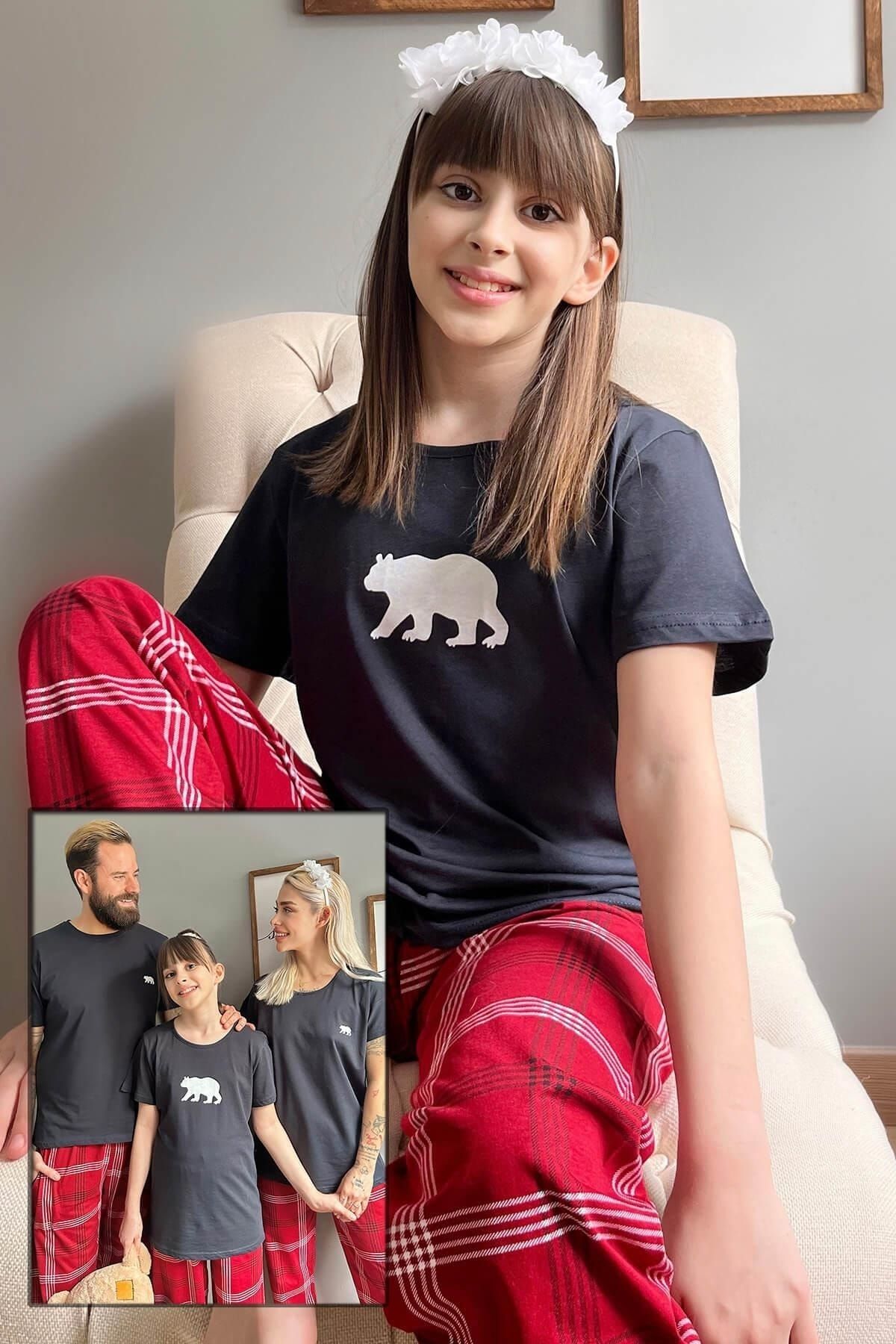 Pijamaevi Lacivert Bear Kısa Kol Anne Kız Aile Pijaması  Çocuk Takımı