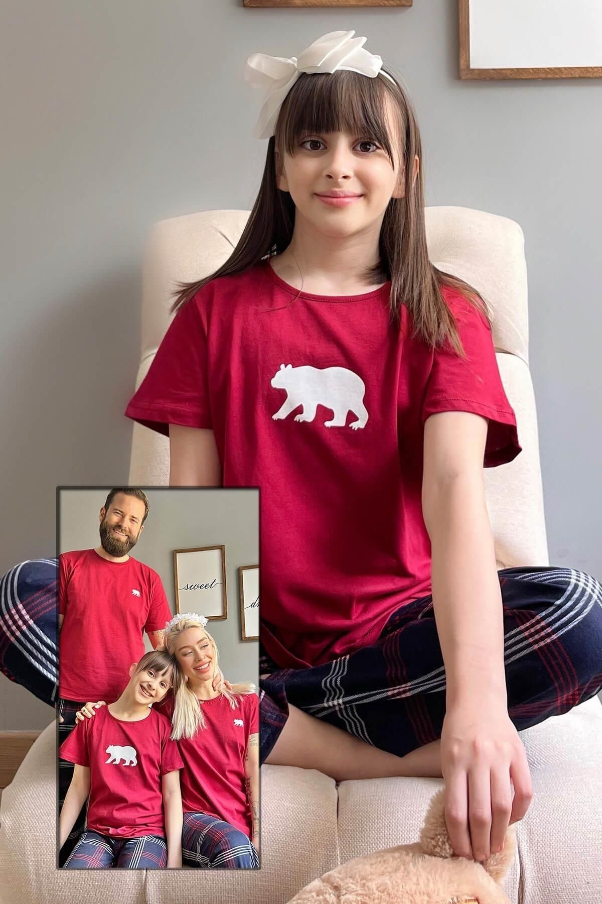Pijamaevi Bordo Bear Kısa Kol Anne Kız Aile Pijaması - Çocuk Takımı