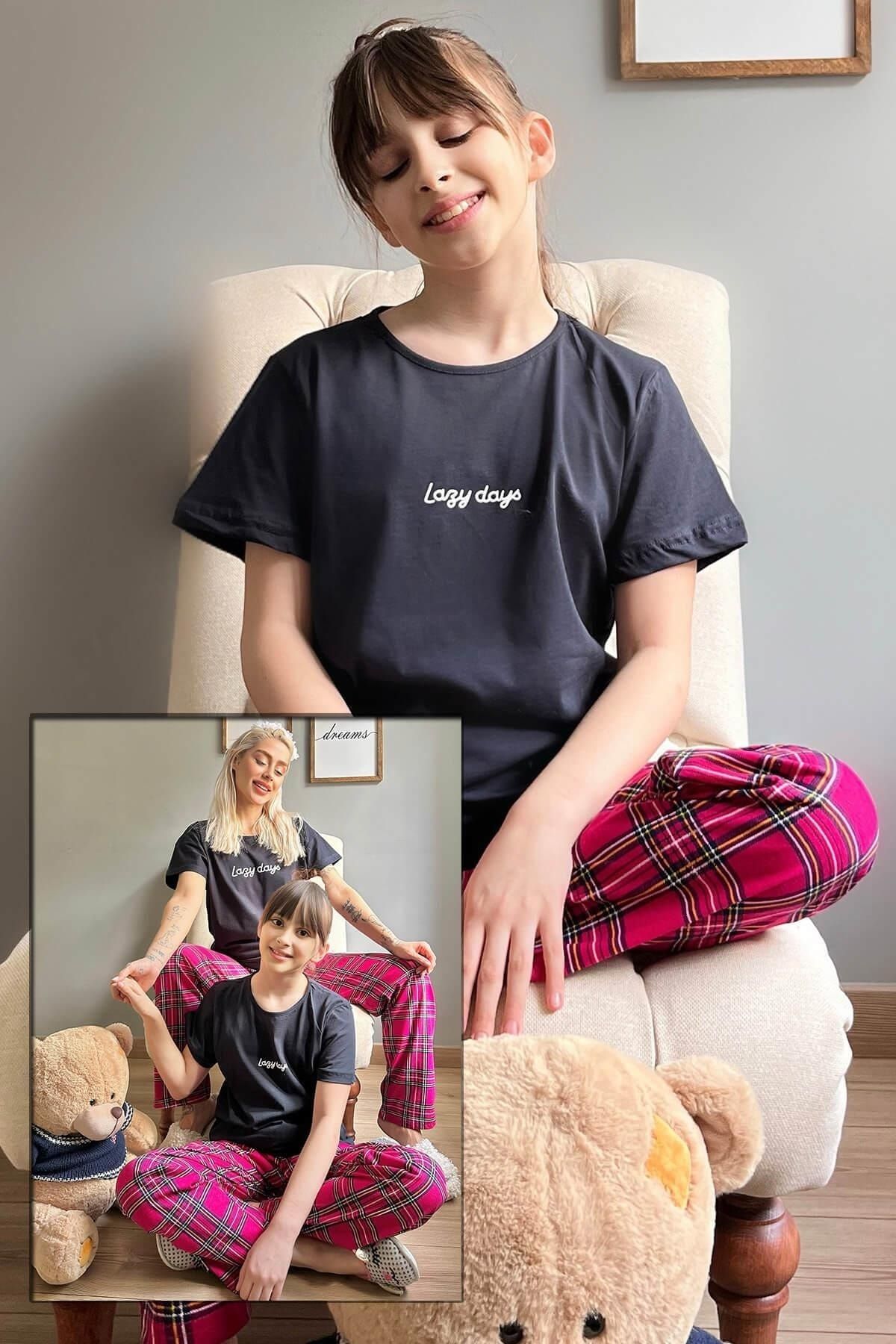 Pijamaevi Lazy Days Kısa Kol Anne Kız Aile Pijaması  Çocuk Takımı