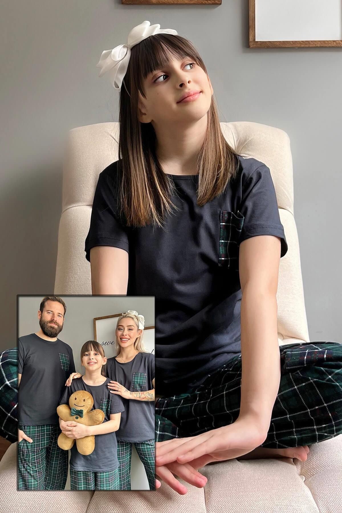 Pijamaevi Lacivert Cep Kısa Kol Anne Kız Aile Pijaması - Çocuk Takımı