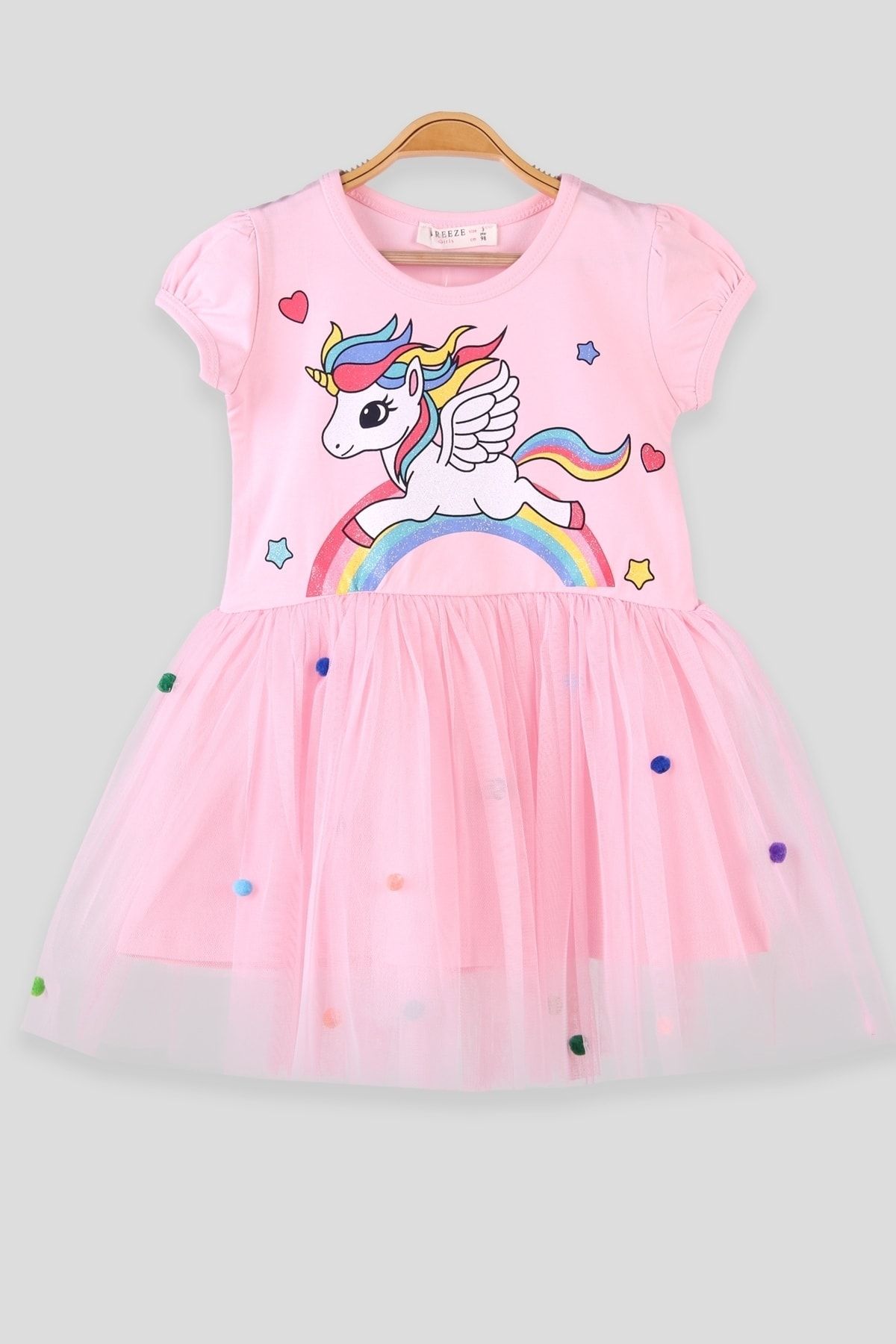 Breeze Kız Çocuk Elbise Tüllü Simli Unicornlu 3-8 Yaş, Pembe