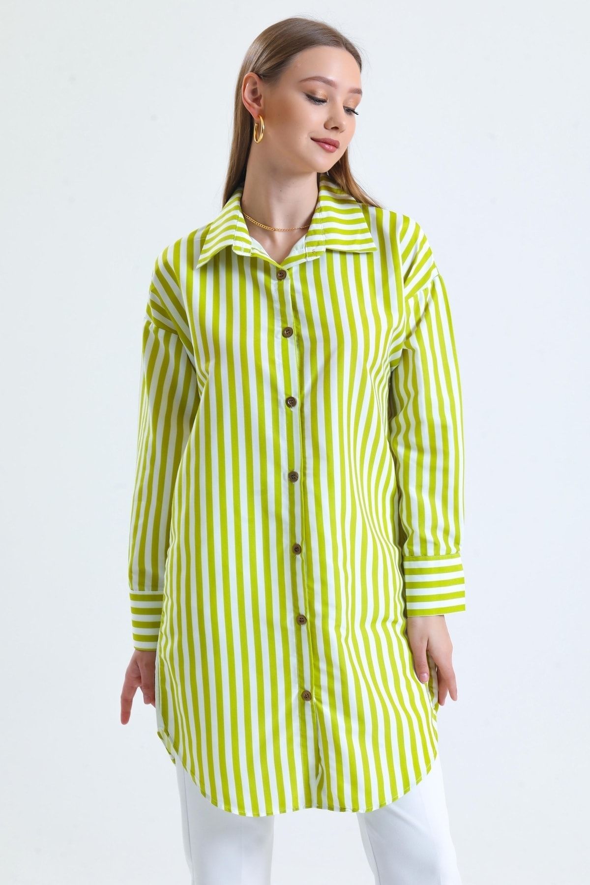 MD trend Kadın Fıstık Yeşili Çizgili Oversize Uzun Gömlek Tunik