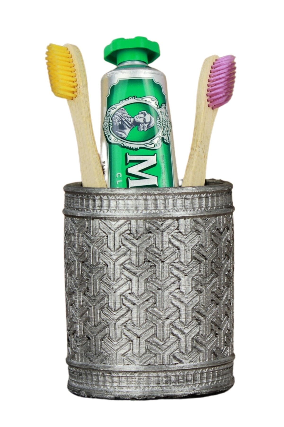 Evene Diş Fırçalığı Tezgah Üstü Gümüş Eskitme Renk Diş Fırçası Standı Y Desenli Model