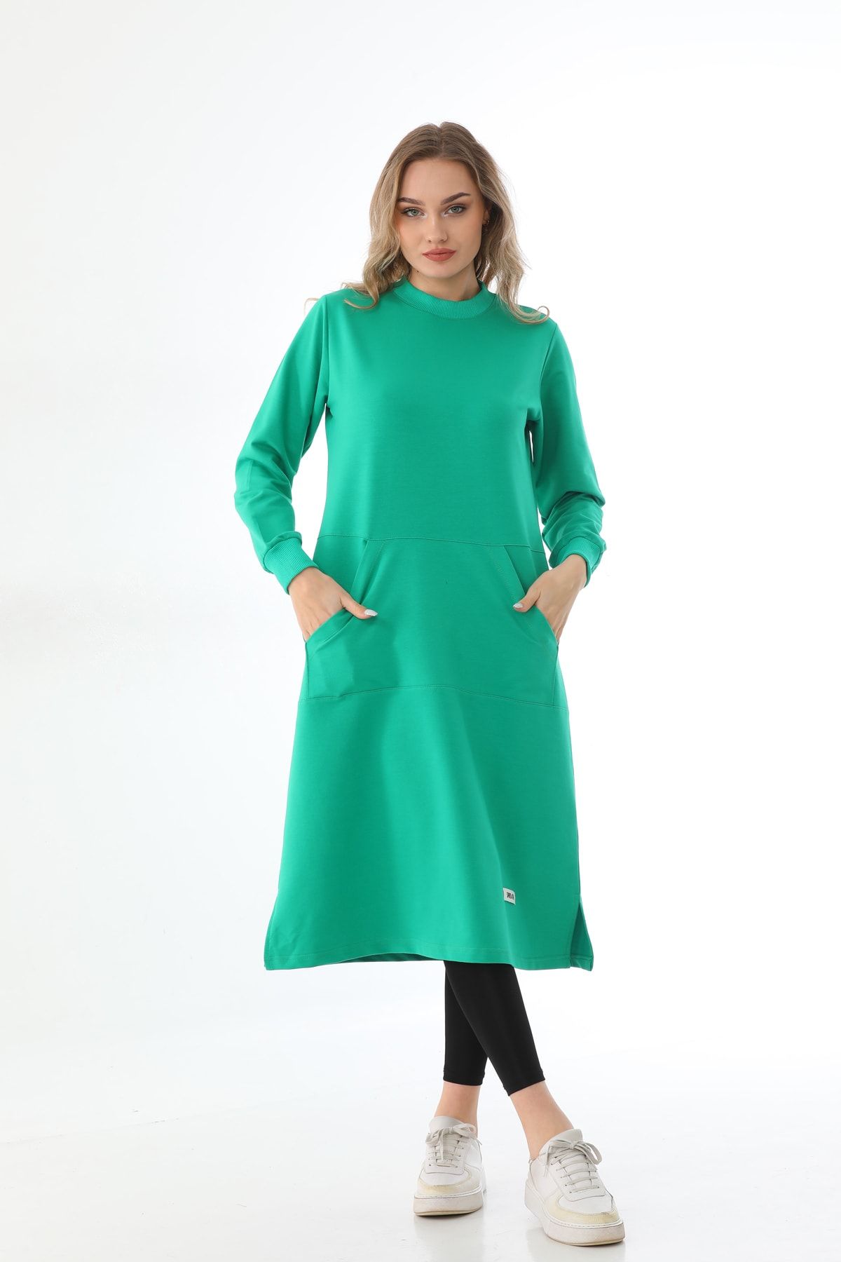 Elif Okur Tesettür Cepli Uzun Tunik 110cm Yeşil 1408