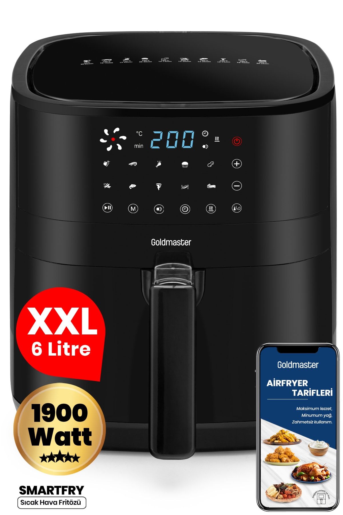 GoldMaster Smartfry Dijital Dokunmatik 1900 W 10 Ön Ayarlı 6 Litre Airfryer Yağsız Kızartma Sıcak Hava Fritöz