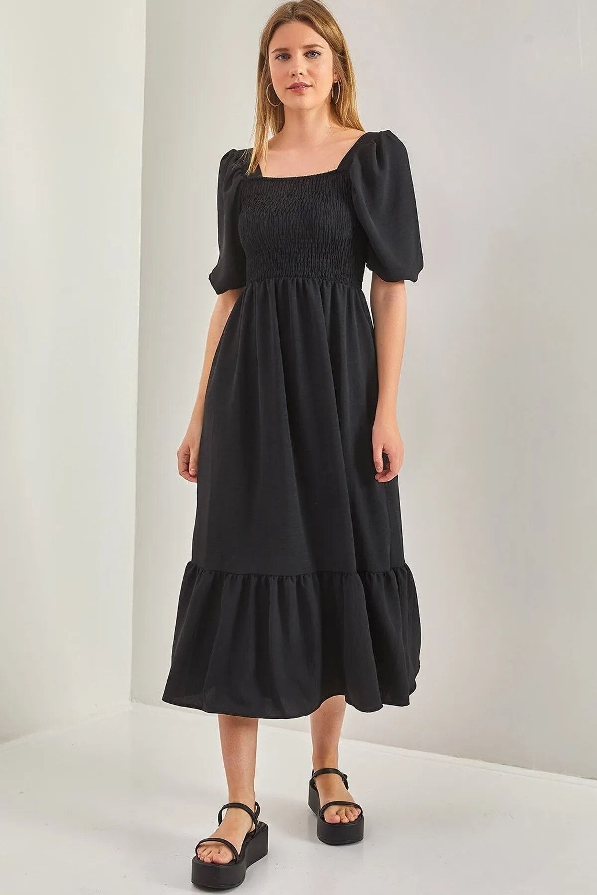 KaSheHa Siyah Bürümcük Kumaş Gipeli Prenses Kol Bodrum Elbise 115 Cm