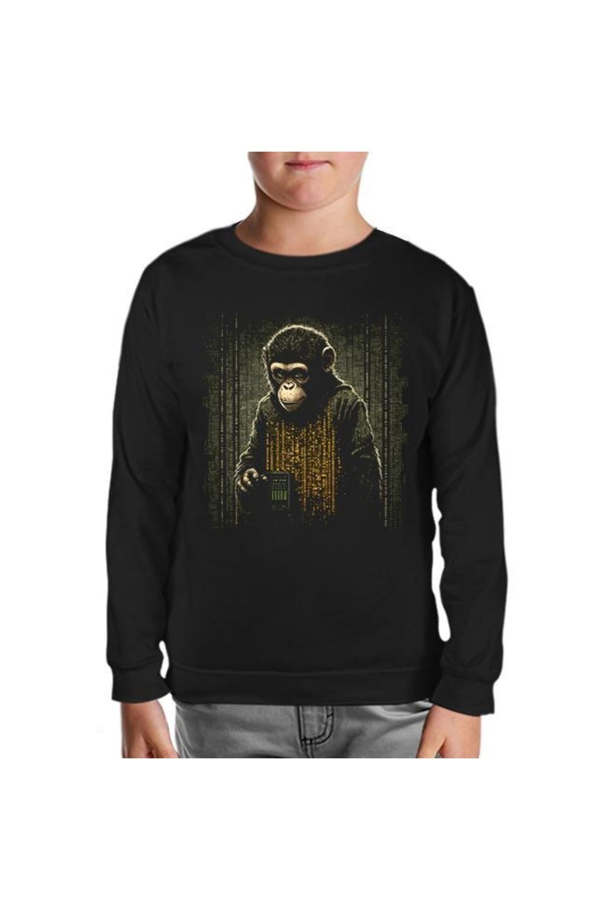 Lord T-Shirt Monkey In Front Of The Binary Background Siyah Çocuk Sweatshirt