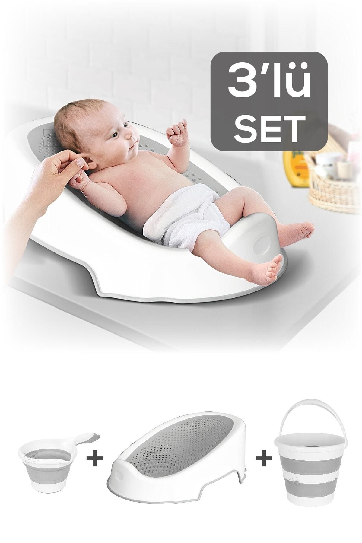 Meleni Baby 3'lü Soft Bebek Küveti Seti – Silikon Fileli Bebek Besleme Yıkama Banyo Küveti Su Kovası Koçero