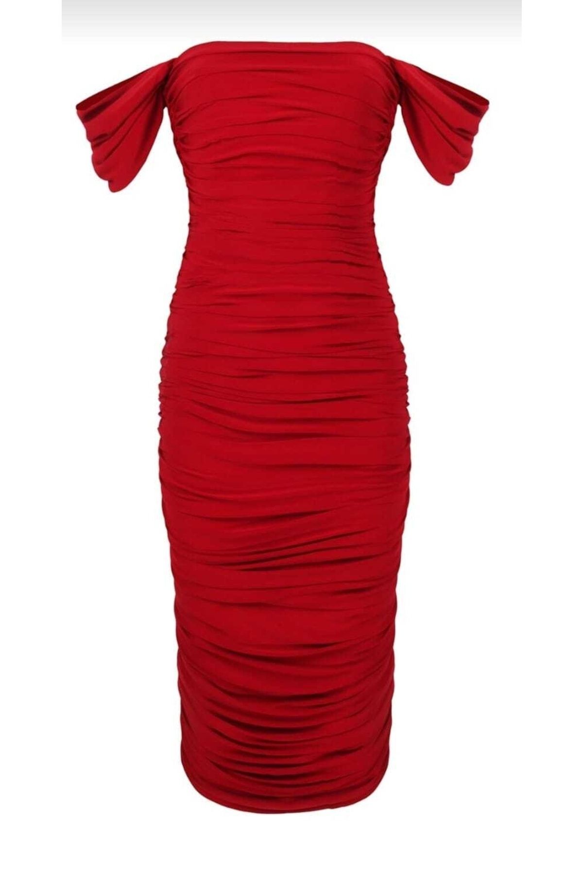 Zagrep Kadın Kırmızı Drapeli Büzgülü Kollu Astarlı Fermuarlı Midi Elbise