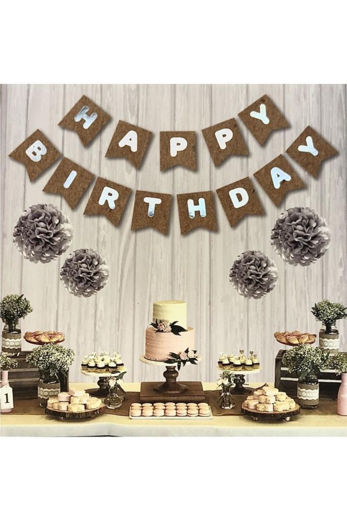 BeySüS Kraft Karton Üstüne Gümüş Gri Yaldızlı Happy Birthday Yazılı Doğum Günü Partisi Ipli Yazı Ban