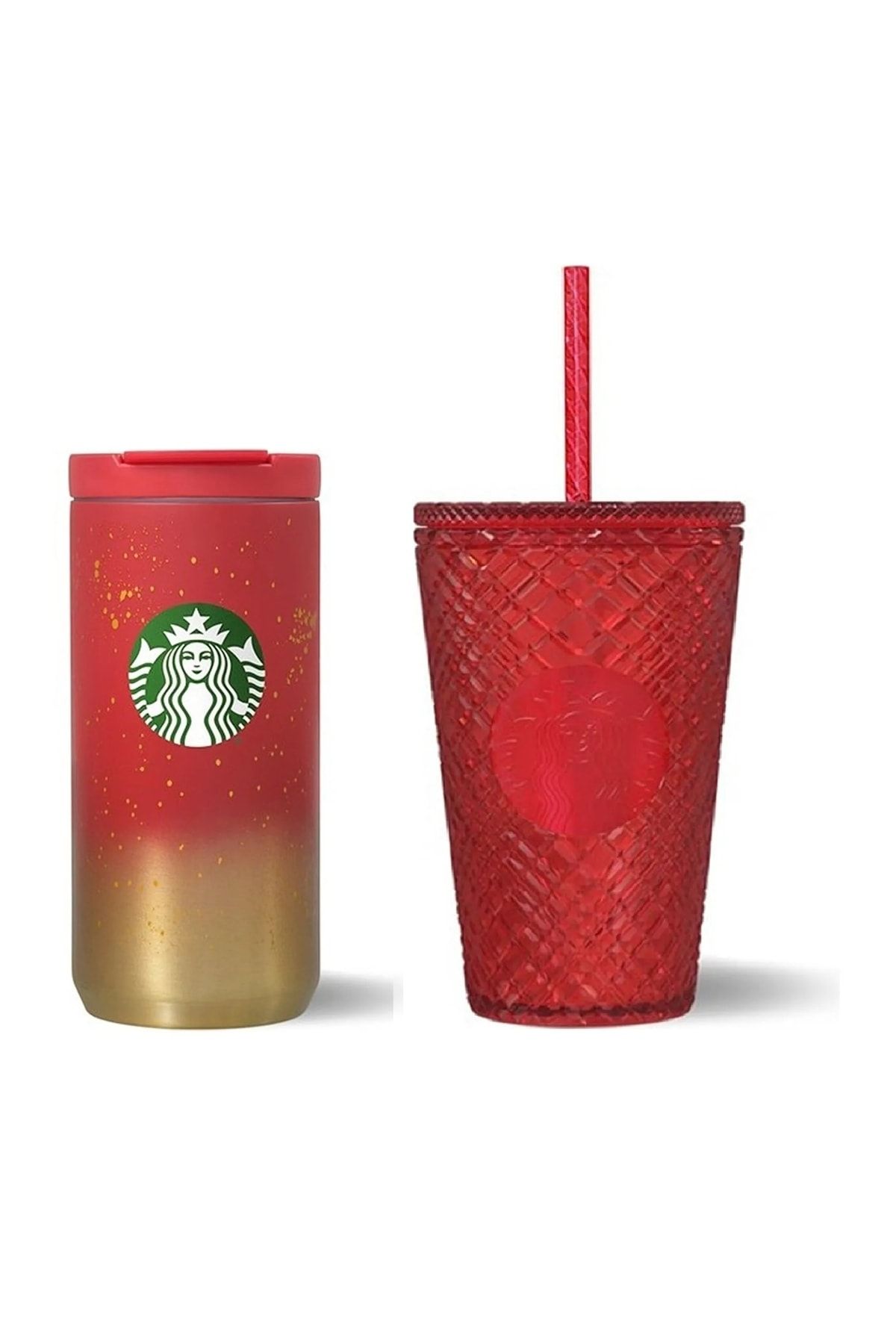 Starbucks Gold-kırmızı Çelik Termos 355 Ml & Kırmızı Kristal Soğuk Içecek Bardağı 473 Ml Ikili Set