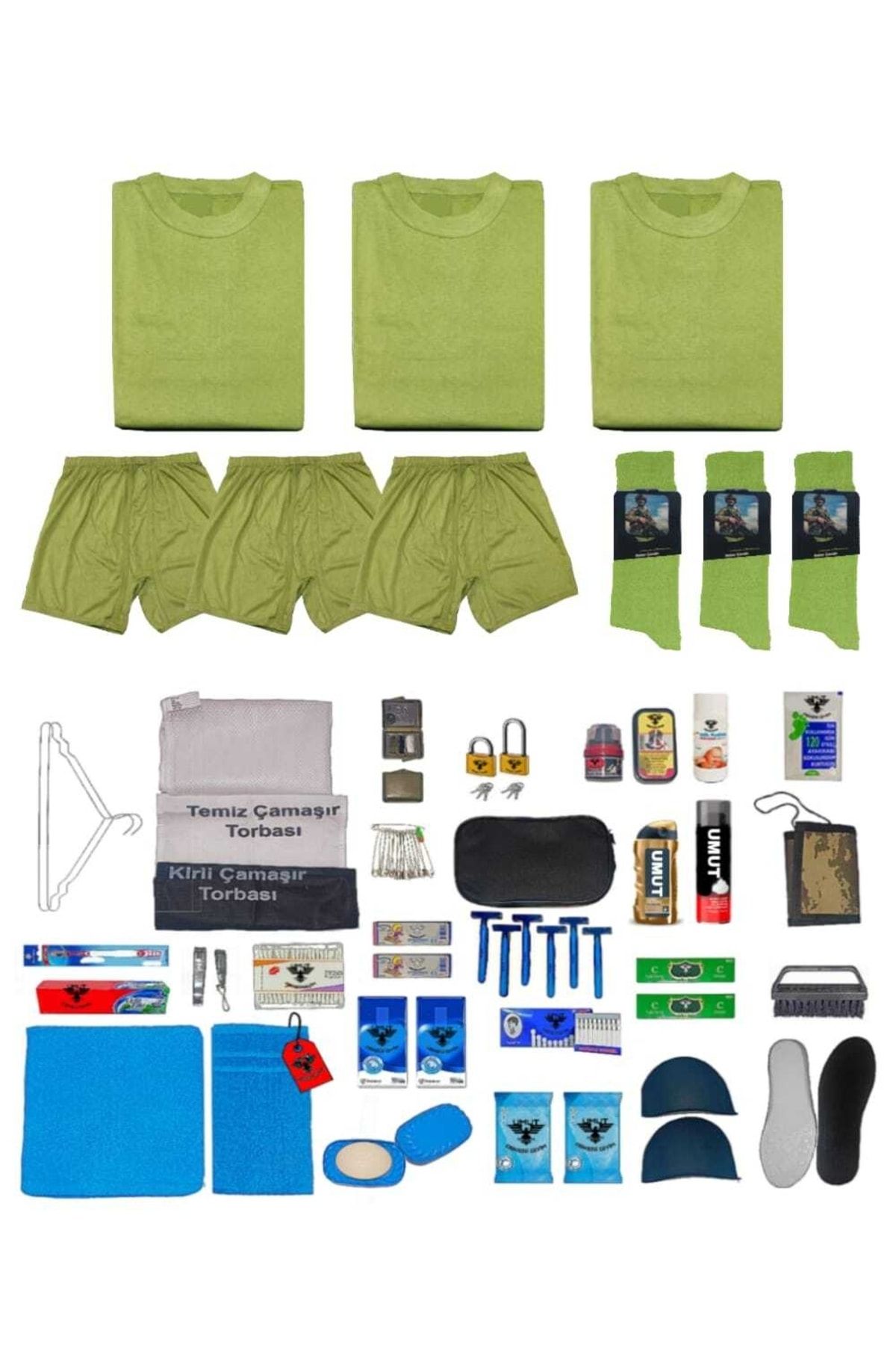Umut Askeri Giyim 3'lü Herşey Dahil Asker Malzeme Seti Acemi Bedelli Ultra Asker Paketi Çorap-fanila-boxer