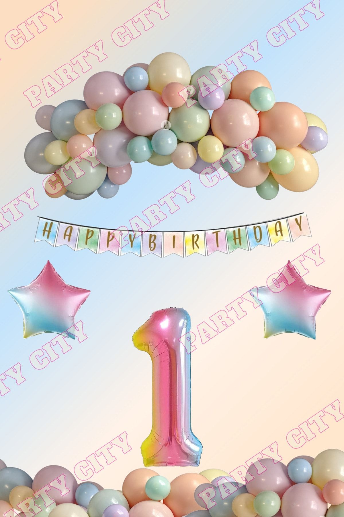 Party City Gökkuşağı Balon Seti 1 Yaş Rakam Folyo Balon Doğum Günü Konsept Parti Kutlama Seti