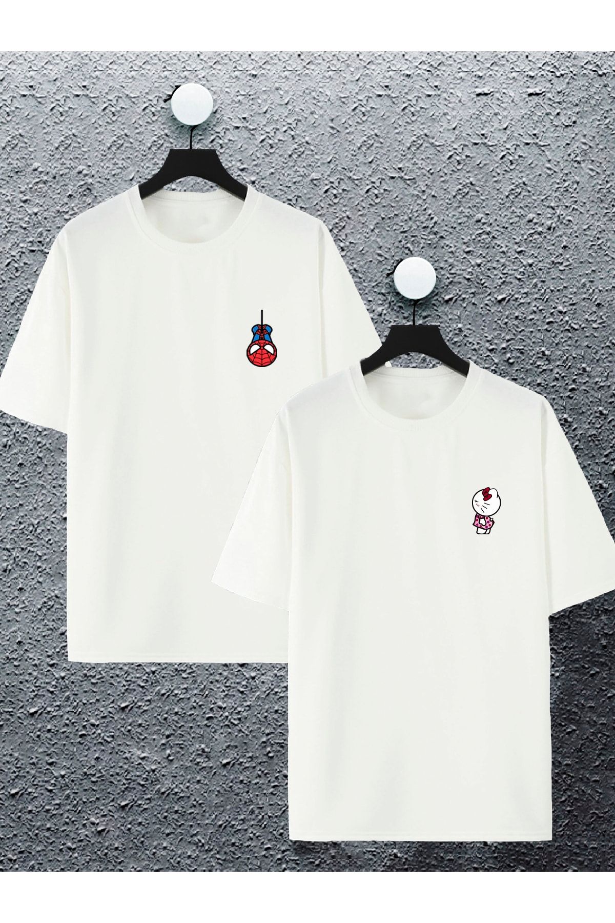 Joza Outdoors Kadın Erkek Spiderman Hello Kitty Baskılı Sevgili Çift Kombini Tasarım Oversize T-shirt 2li Set