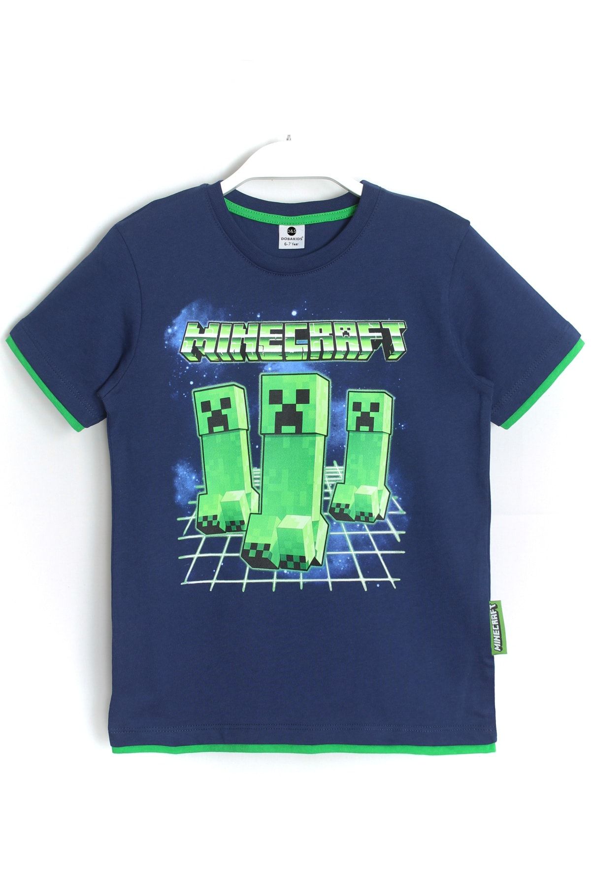 DobaKids Biye Detaylı Erkek Çocuk Minecraft Creeper Baskılı T-shirt Lacivert
