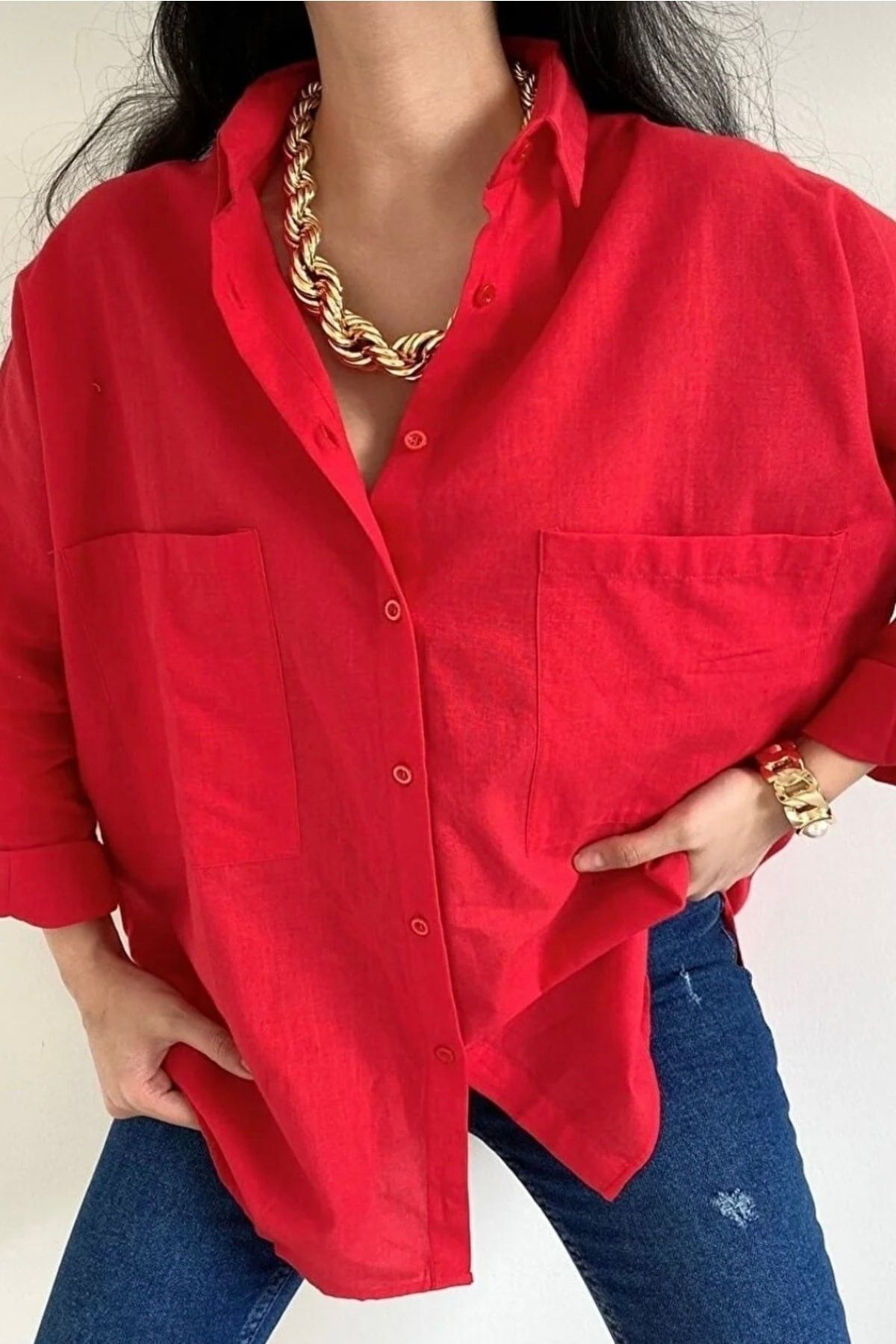 bb butik basic Kadın Kırmızı Çift Cepli Salaş Keten Gömlek Oversize Kalıp Trend Keten Gömlek