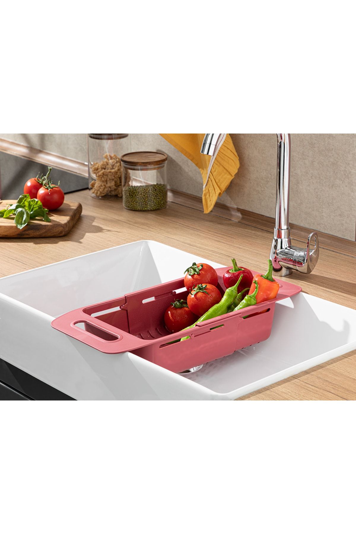 English Home Trendy Plastik Ayarlanabilir Lavabo Süzgeci Süzgeç 48x19x8 Cm Kırmızı