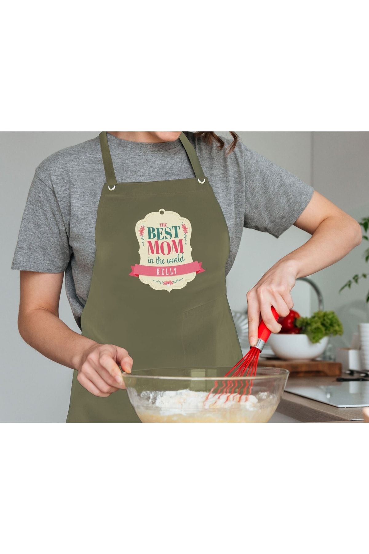 Bk Gift Kişiye Özel Isimli Anneler Günü Tasarımlı Profesyonel Haki Mutfak Önlüğü, Aşçı Önlüğü, Şef Ö