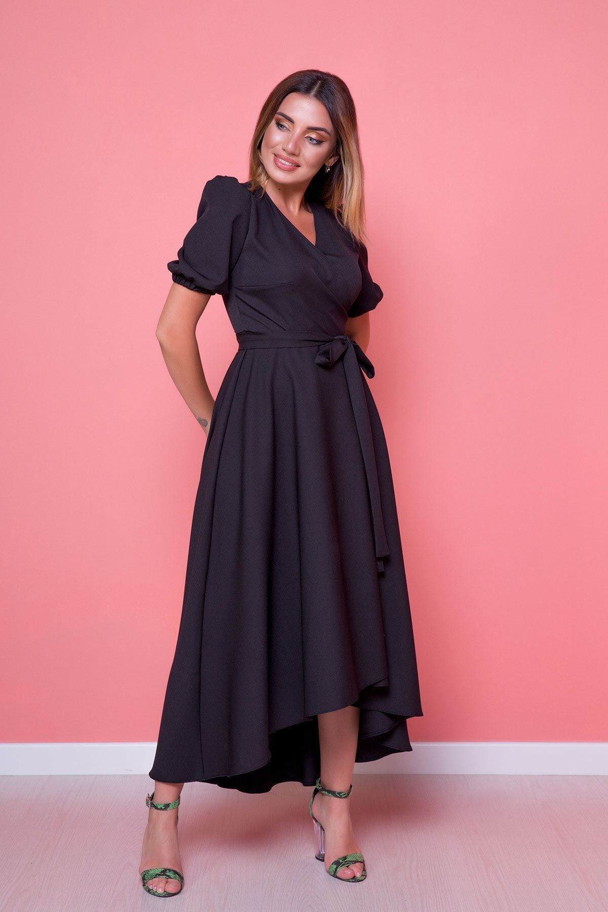 Bidoluelbise Kadın Asimetrik Kesim Siyah Önü Kısa Arkası Uzun Kruvaze Yaka Elbise