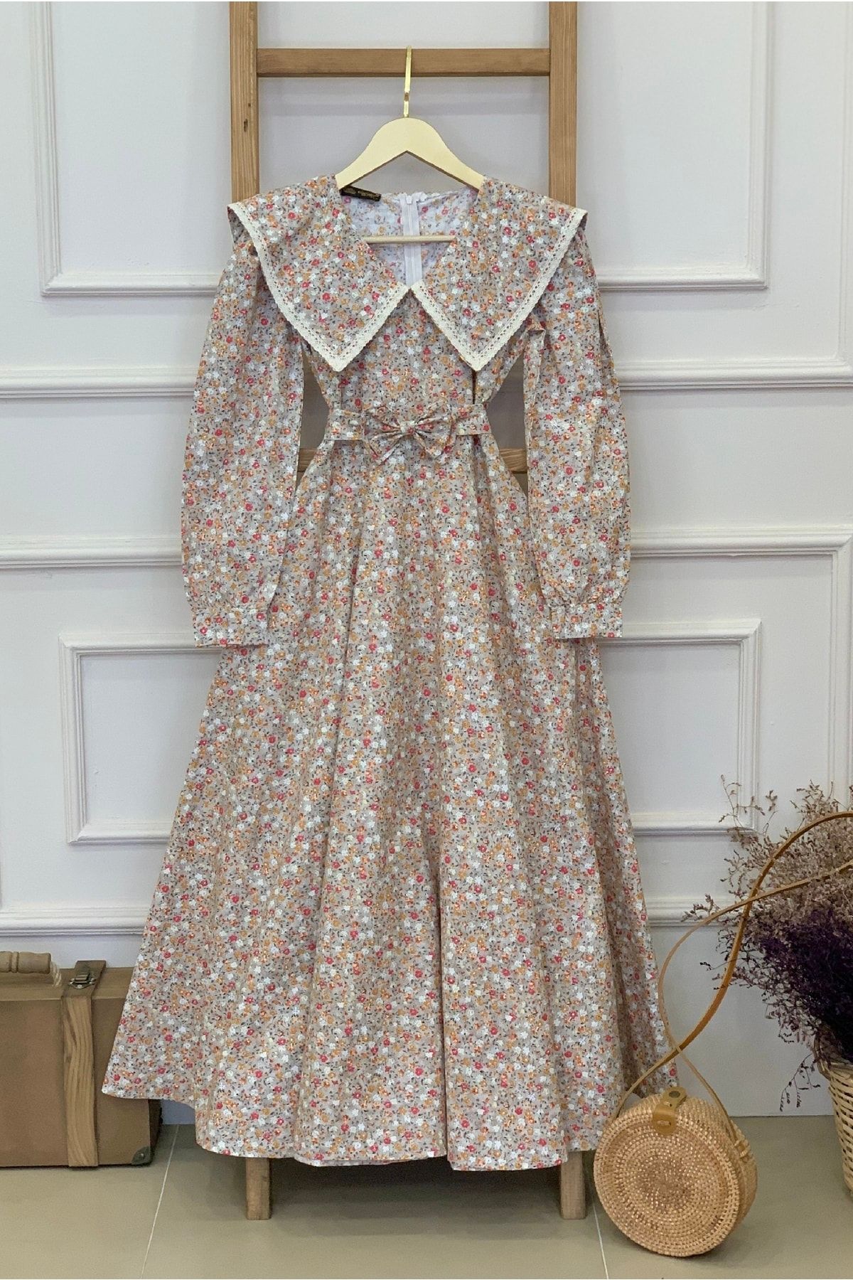 KÜÇÜĞÜM BUTİK Vintage Büyük Yakalı Gri Renkli Çiçekli Uzun Kollu Kloş Elbise