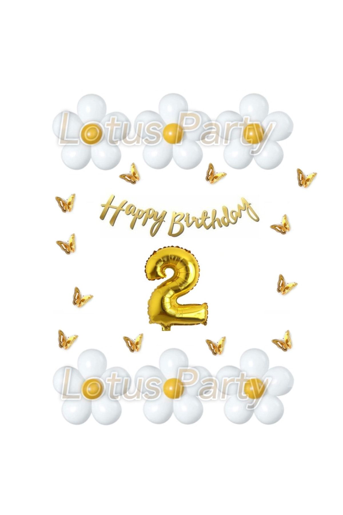LOTUS PARTY 2 Yaş Kelebekli Papatya Temalı Balon Seti Beyaz Sarı Balon Happy Birthday Gold Yazı - Gold Rakam