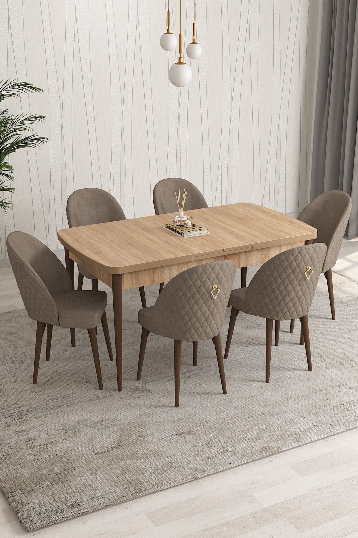 Rovena Arjeta Meşe Desen 80x132 Mdf Açılabilir Mutfak Masası Takımı 6 Adet Sandalye