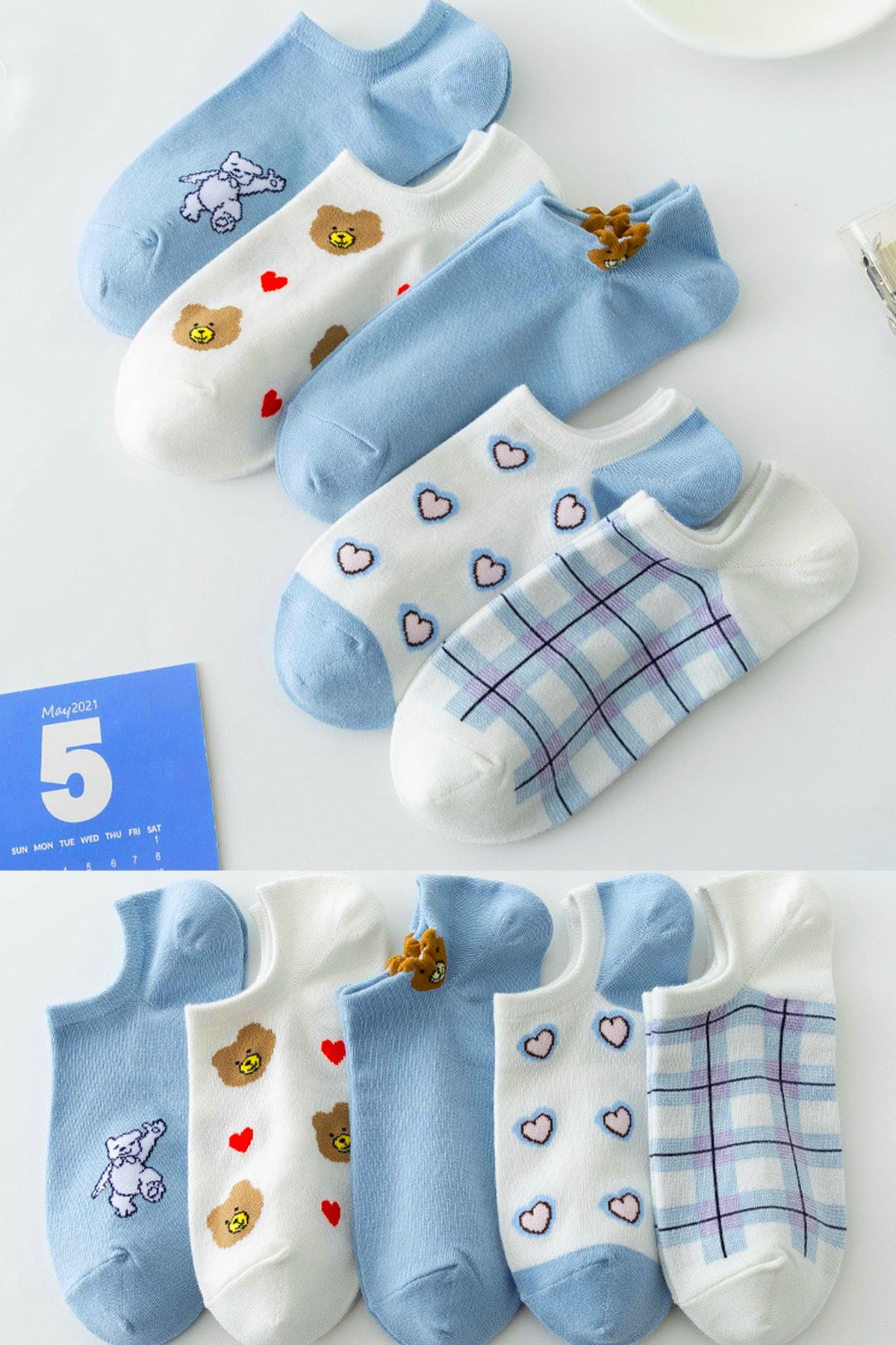 BGK 5 Çift Kadın Mavi Kalp Desenli Kısa Çorap