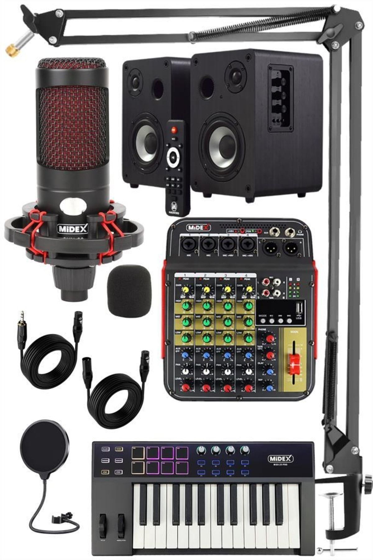Midex Cxn-30 Paket-7 Midi Klavye 4 Kanal Stüdyo Kayıt Mikserli Referans Monitörlü Condenser Mikrofon