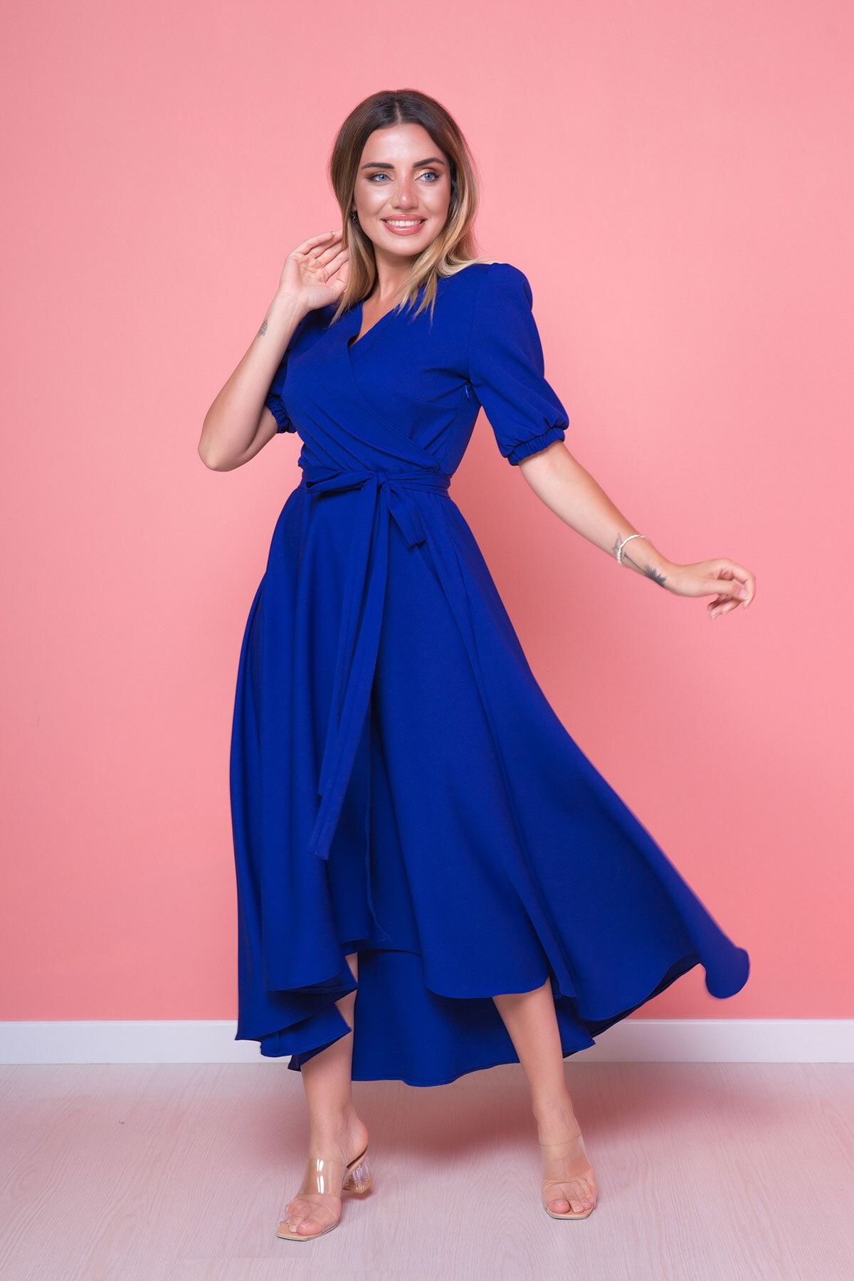 Bidoluelbise Kadın Asimetrik Kesim Sax Mavi Önü Kısa Arkası Uzun Kruvaze Yaka Elbise