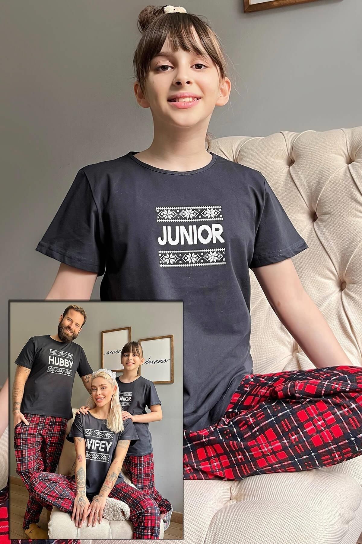 Pijamaevi Lacivert Junior Kısa Kol Anne Kız Aile Pijaması - Çocuk Takımı