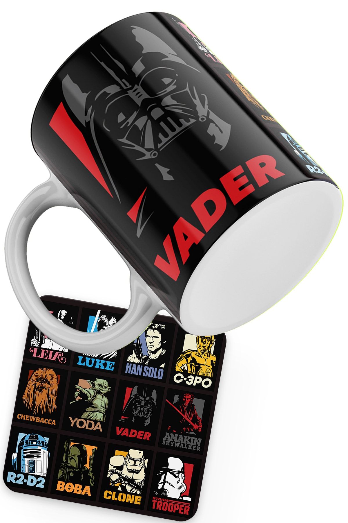 remonz Star Wars Serisi Vader Baskılı Porselen Kupa; Ahşap Bardak Altlığı