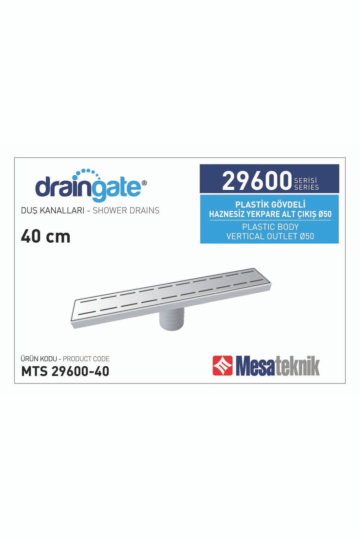 Mesateknik Draingate® Klasik Plastik Gövdeli Haznesiz Yekpare Seri Alt Ø50 Mm - Uzunluk :40 Cm