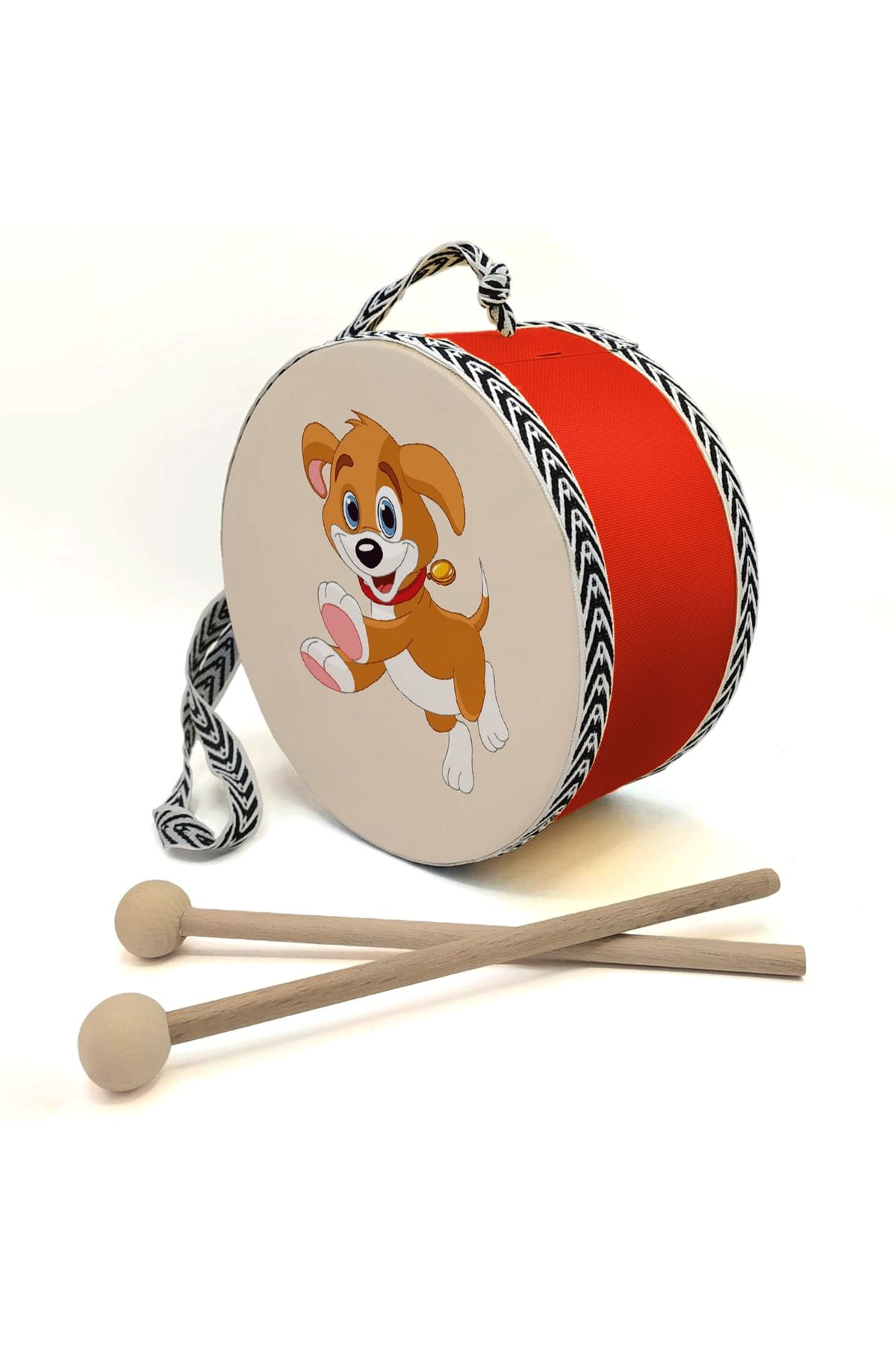 BAKSEPETE Sevimli Köpek Baskılı Deri Oyuncak Çocuk Davulu Kırmızı (1-5 Yaş)