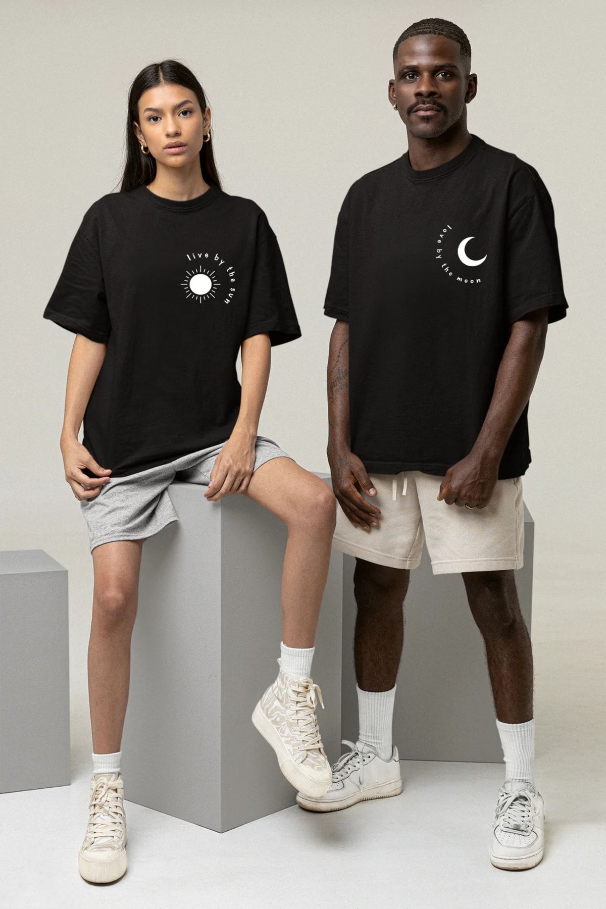 Pear Wear Moon Sun Baskılı Tişört Sevgili Çift Takım Ay Güneş Siyah Beyaz Oversize Couple T-shirt