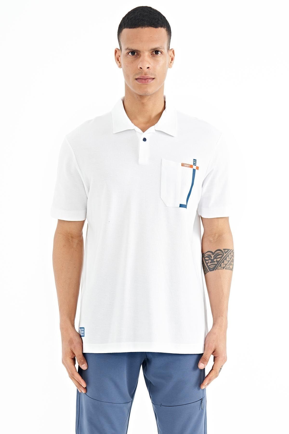 TOMMY LIFE Beyaz Cep Detaylı Baskılı Standart Kalıp Polo Yaka Erkek T-shirt - 88241