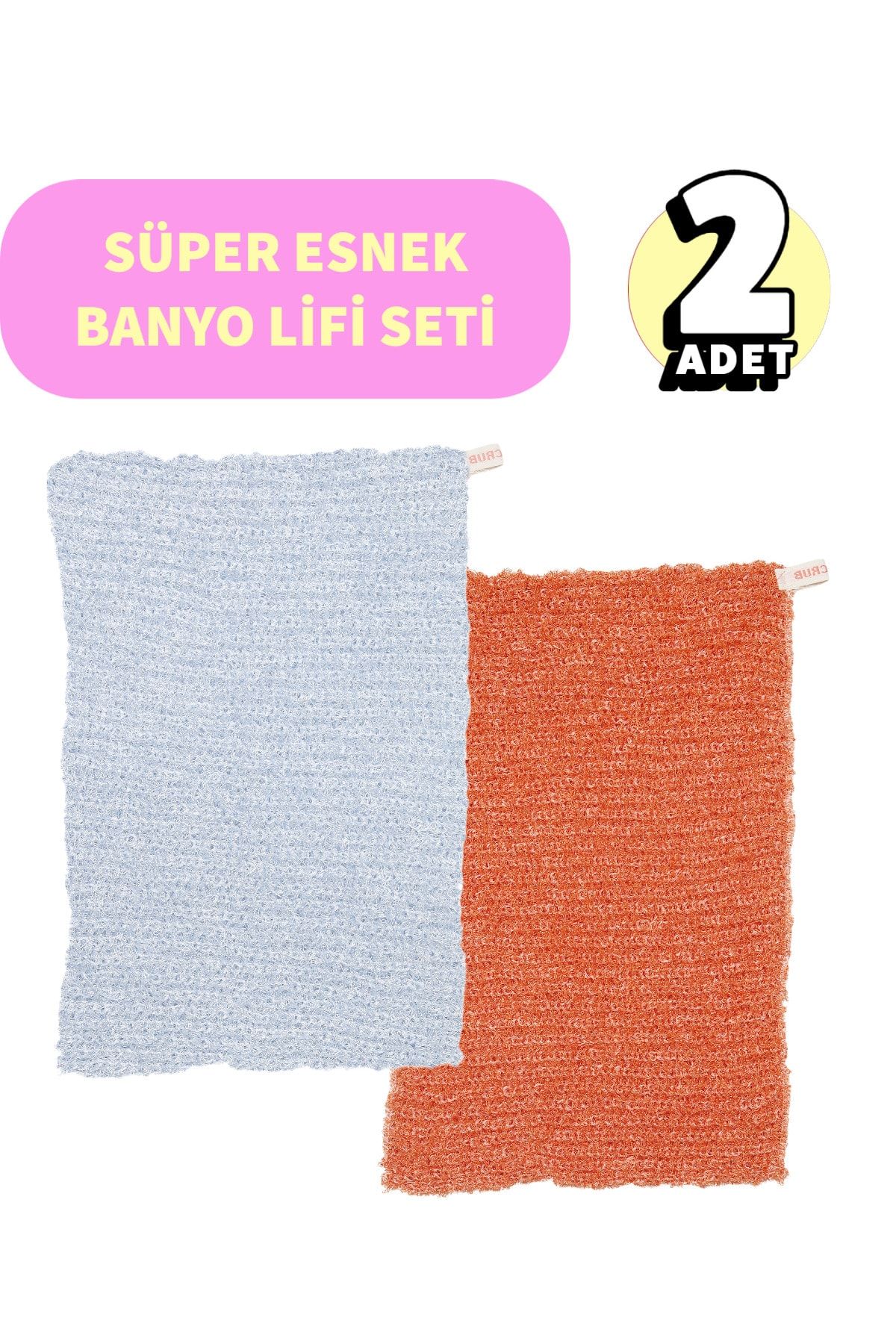 LET'SCRUB Süper Esnek Banyo Lifi Seti 2 Adet Tüm Cilt Tiplerine Uygun Mavi - Turuncu Unisex 30x40 Cm