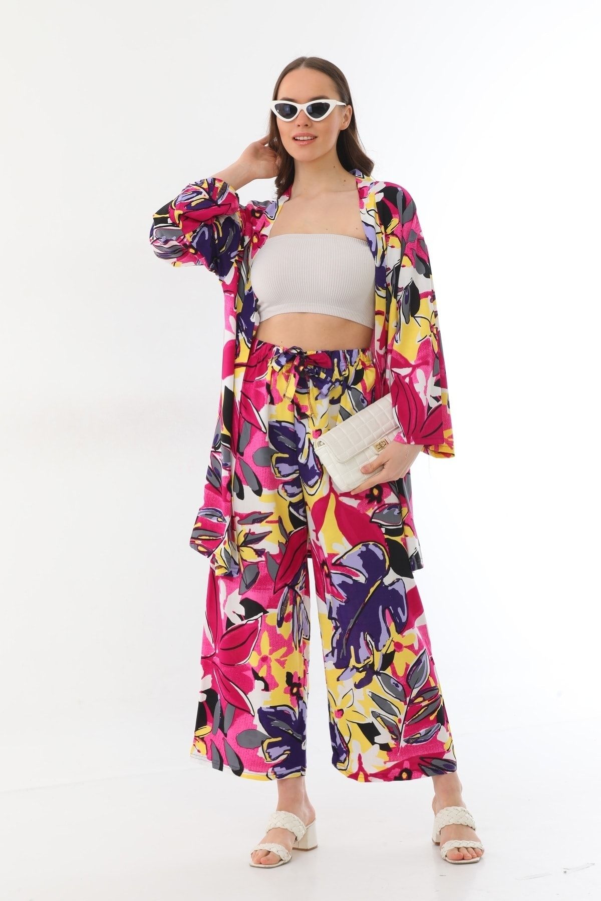 KaSheHa Etnik Yaprak Desenli Fakir Kollu Bağcıklı Viskon Dokuma Salaş Kimono Takım